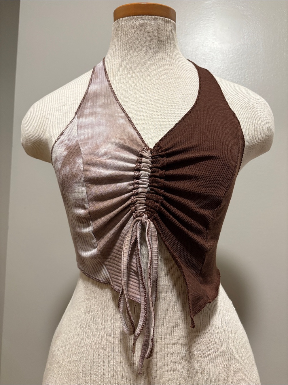 Ruched Two-Tone Brown Halter Crop Top